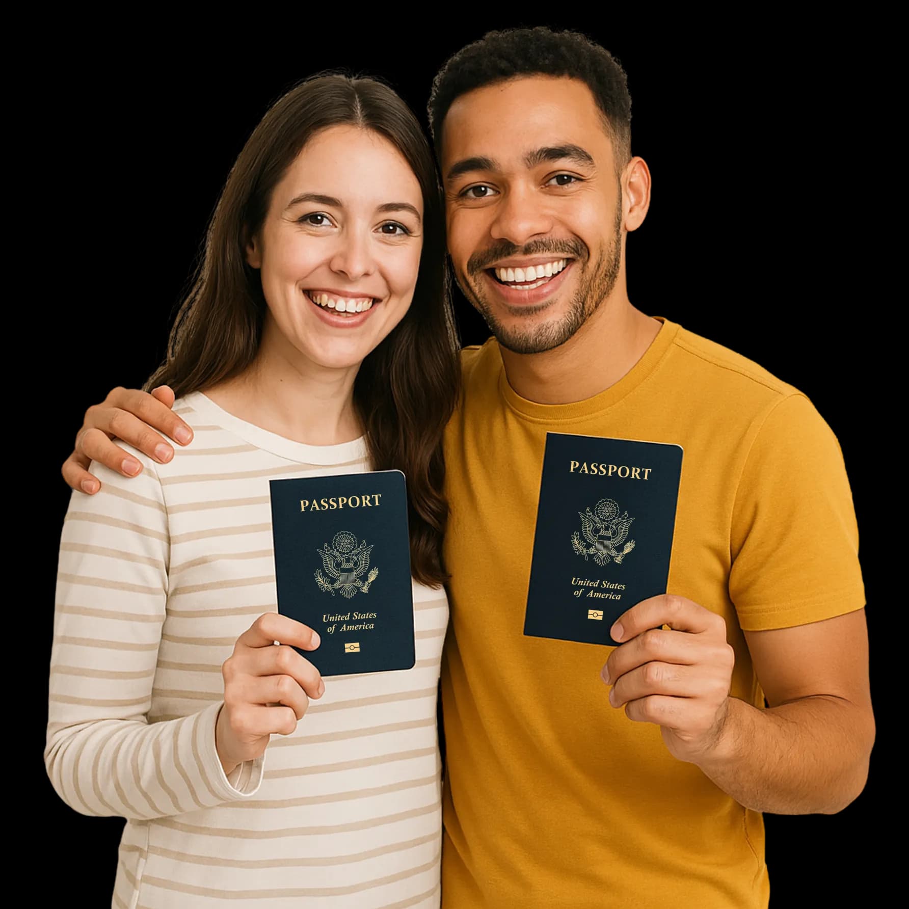 Smiling couple holding up passports